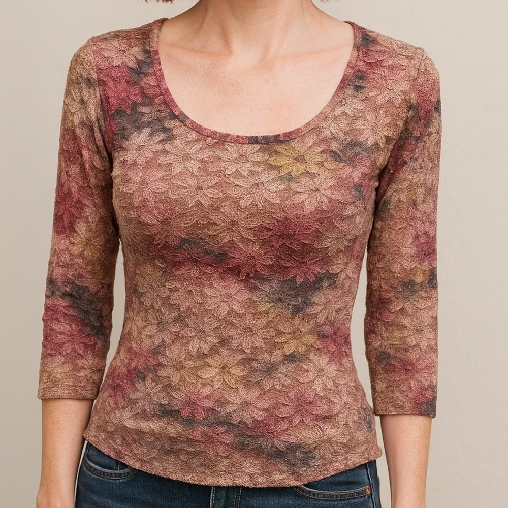 STAR CCC 90s Lace Floral Print 3/4 Sleeve Scoop Neck Top Small Fairy Slims